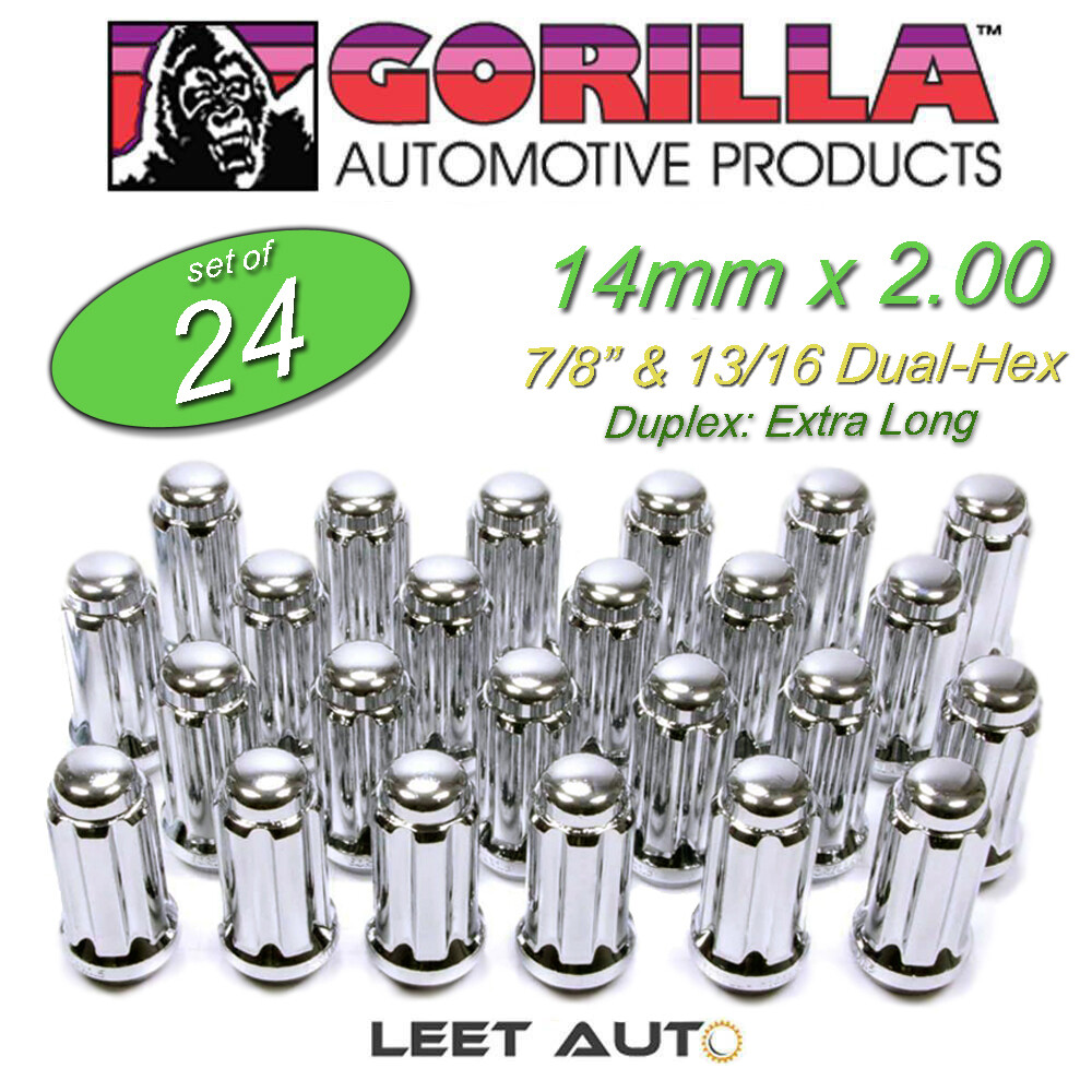 24)Gorilla Spline Drive Lug Nuts, 14mm x 2.00, Chrome, Extra Long