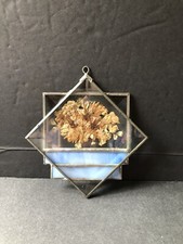 Vintage Stained Glass/Dried Flowers Sun Catcher Blue /Clear Pre Owned