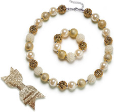 Girls Gold Chunky Bubblegum Beaded Necklace  Bracelet Set as Gifts