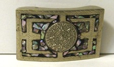 VINTAGE STONE INLAY AZTEC CALENDAR BELT BUCKLE - VERY GOOD CONDITION