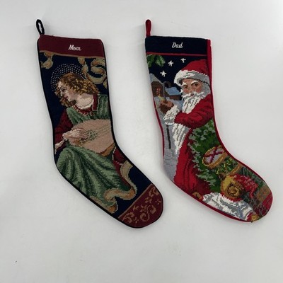 2 Sferra Mom & Dad Needlepoint Christmas Stockings Completed Santa & Angel 21''