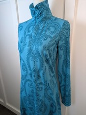 Tehama Long Sleeve Dress Size Small Brilliant Blue with Paisley Print Stretches