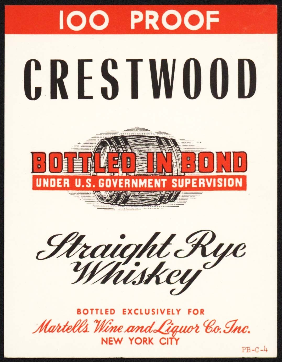 Vintage label CRESTWOOD Rye Whiskey Martells Wine and Liquor New York City nrmt+