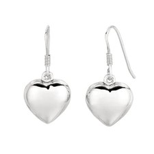 Dangling Puffed Heart Shape Earring Sterling Silver Shiny Finish 26mm Long Ear