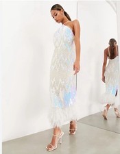 ASOS Design Halter Pearls/ Sequined Midi Faux Feather Bottom Dress- Sz~0~Stylish