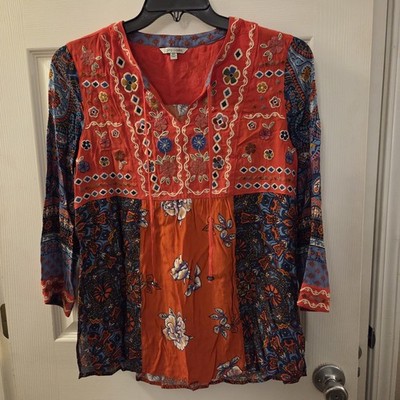 John Mark sz XS red colorful embroidered floral tunic top boho peasant relax fit