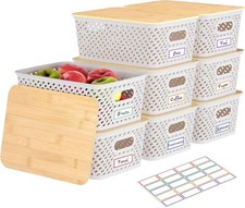 8 Packs Plastic Storage Bins W/ Bamboo Lids Stackable Decorative