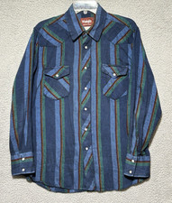 Vintage Wrangler Mens Blue Striped Pearl Snap Flannel Size L Western Rodeo