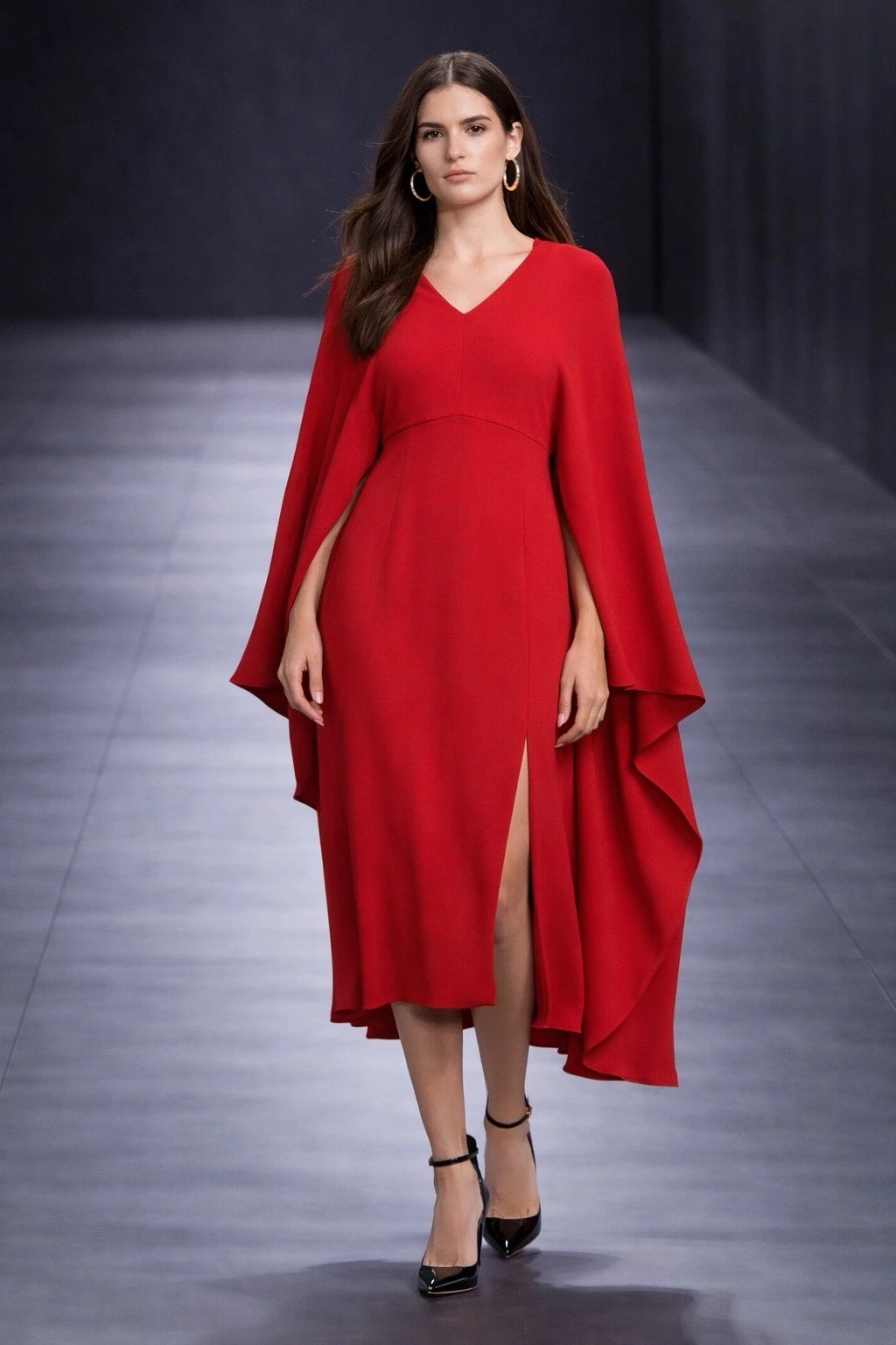 Valentino — VALENTINO CAPE V-NECK SILK MIDI DRESS RED IT 38