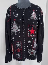 Vtg Knit Cardigan Sweater XL Patchwork Appliqué Christmas Grannycore Novelty