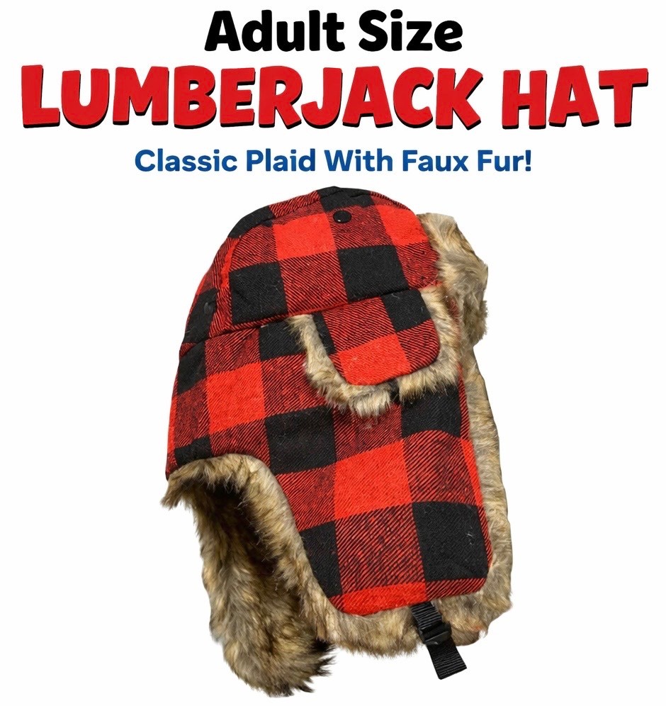 LUMBERJACK HAT Red Black Plaid Faux Fur Flaps Cap Adult Costume