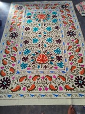 Boho Orange Turquoise Embroidered Suzani Tapestry Large Floral Bedspread Throw