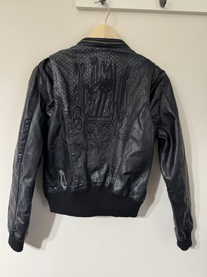 Harley Davidson Black Leather Moto Cafe Riding Jacket Embroidered Skull # 1 S - Image 2 of 4