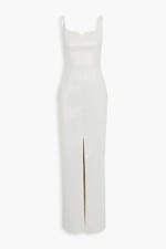 Aidan Mattox NEW Square Neck Jacquard Front Slit Column Gown In Silver Size 14