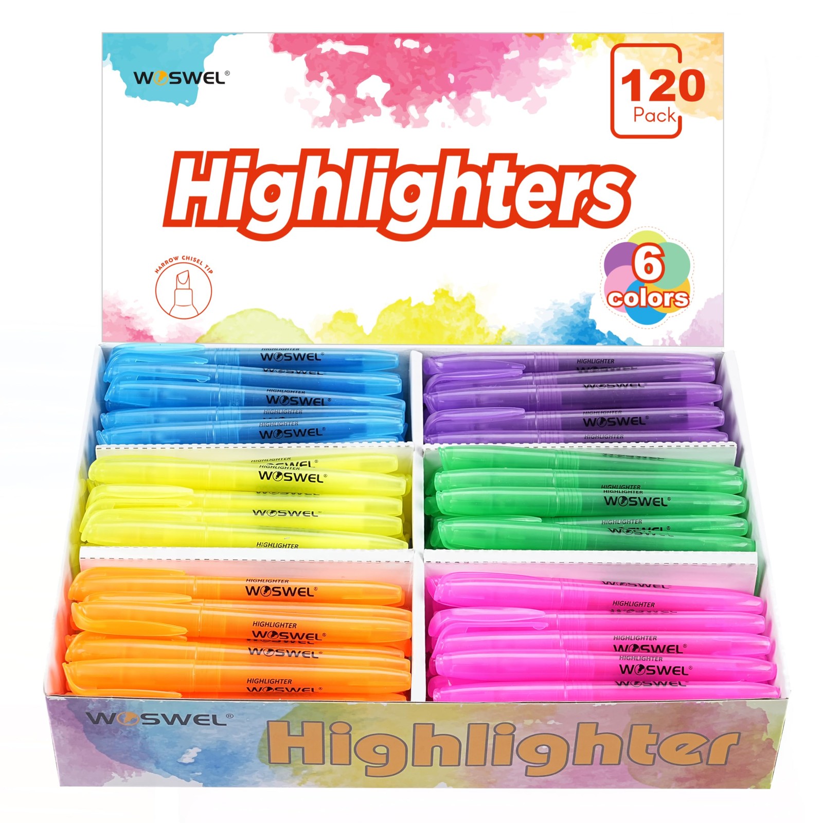S Bulk, 120 Pack 6 Assorted Colors No Bleed Chisel Tip Highlighter...