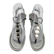 Prada Leather Metallic Silver T-Strap Wedge S...