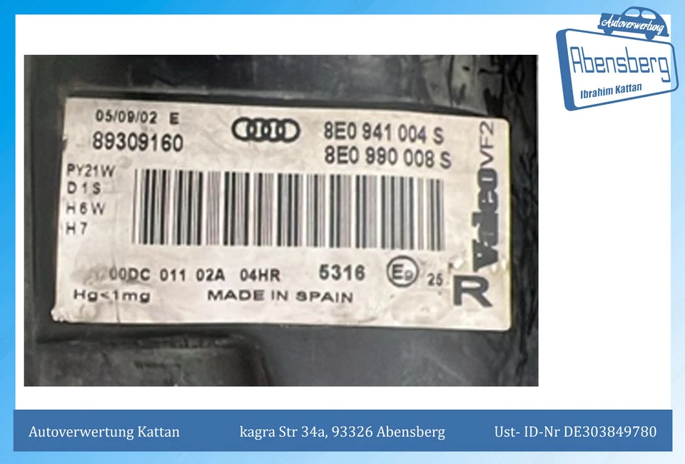 Gebr. Audi A4 B6 Frontscheinwerfer Xenon vorne rechts 8E0941004S 89309160 #3865 - Bild 2 von 4