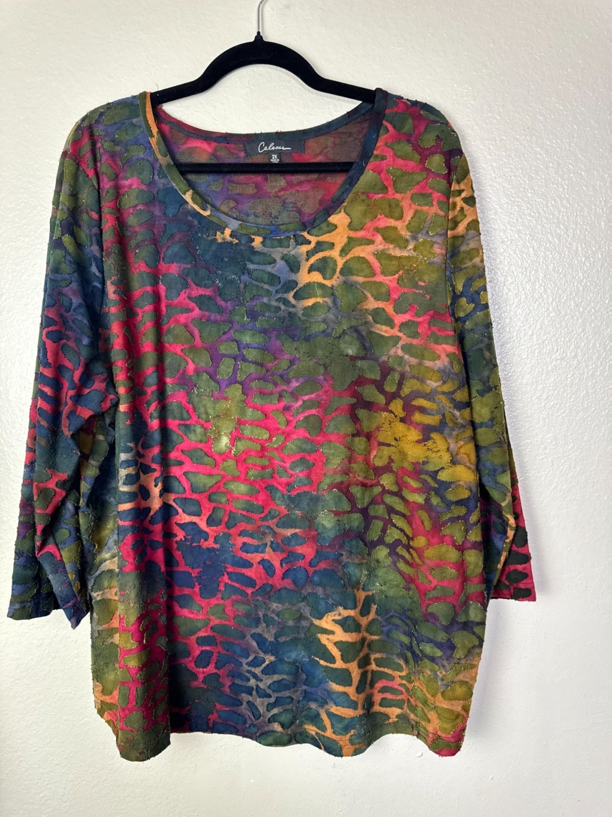 Caleesa Abstract Long Sleeves Tunic Top Size 2X Textured Boho Artsy Lagenlook