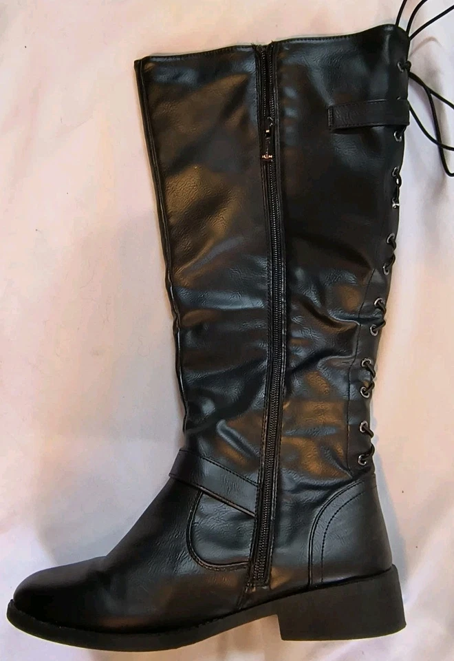 WANTED Women's LadyLuck Lace Back Low Heel Knee Boots Black Sz 8 Gothic Grunge  - Image 2 of 4