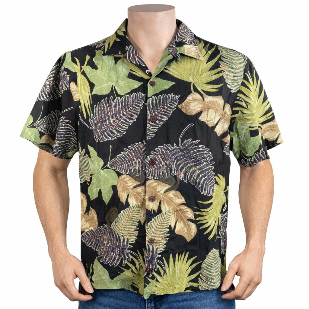 RJC Hawaiian Aloha Shirt Large Floral Green Tan Brown Leaves Black