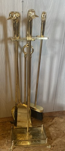 Brass Duck Head Fireplace 4 Tools + Stand Mallard Vintage 80s READ!