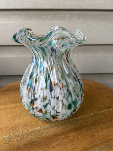 Vintage Blue Green Confetti Speckled Crimped Rim Bulbous Art Glass Vase 7"