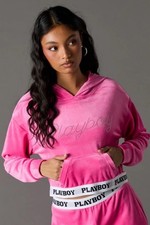 New PlayBoy Velour Cropped hoodie Sweater Crew Neck Long Sleeve Pink Size Medium