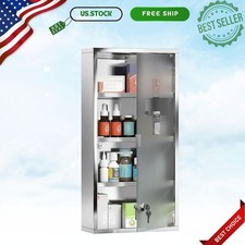 Wall Mounted Locking Medicine Cabinet 4 Tier Glass Door Stainless Steel Silver