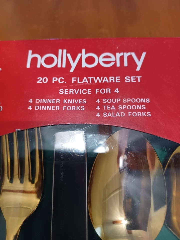 Juego de 20 cubiertos de Navidad Hollyberry Classic Traditions chapado en oro de acero inoxidable Foto 3 de 4