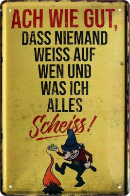  ''Ach wie gut, dass niemand weiss auf wen ich scheiss'' 20x30cm Blechschild