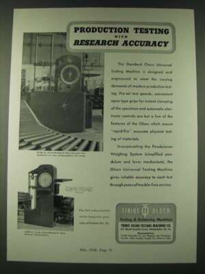 1948 Tinius Olsen Testing Machine Ad - Production testing with research accuracy