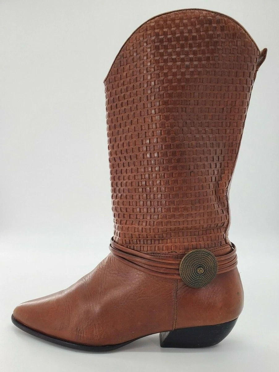 Vintage Lord Taylor 80s 70s Woven Brown Leather Boot Metal Detail Brazil 7.5
