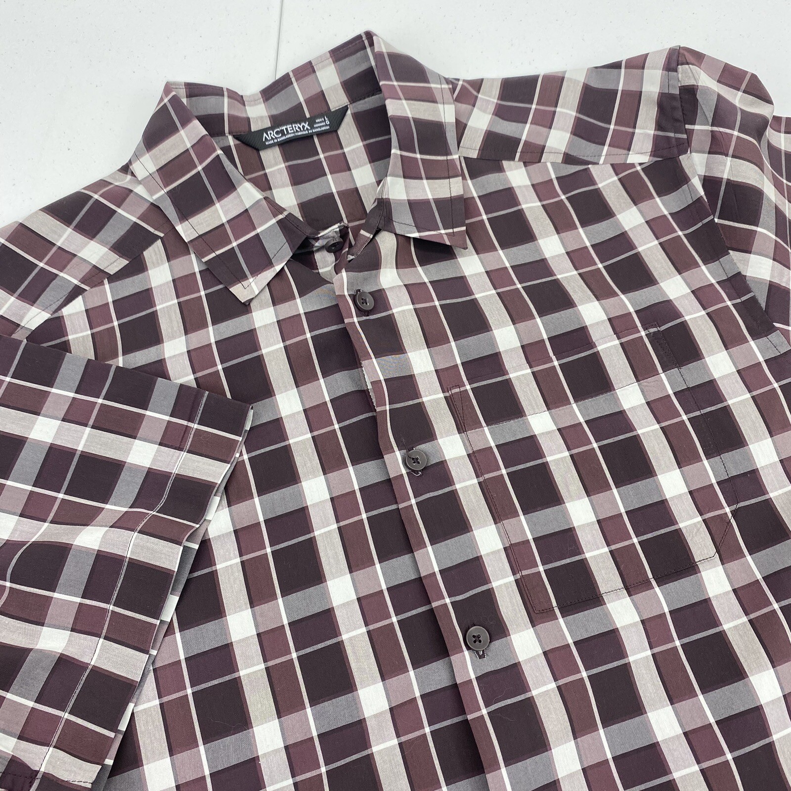 Arc'teryx Camicia Uomo Taglia Large Brohm Manica Corta Bottoni Plaid Escursionismo Viola