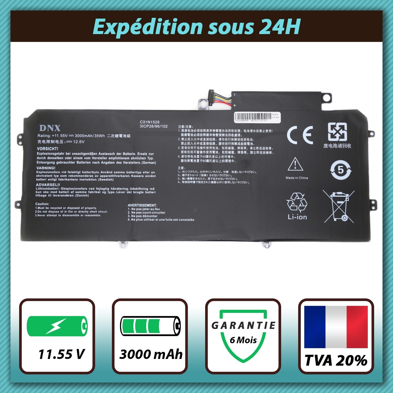 Batterie pour Asus UX360CA-FC060T de 11.55V et 3000mAh pour ordinateur