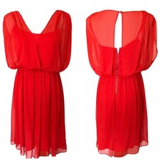 alice + Olivia Women's Chiffon Sheer Silk Red Wrap Dress size S Ruffle Pleated