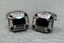 Super Bling Onyx and Clear Stones White Gold Plated Cuff Links