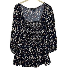 Suzanne Betro Womens Baby Doll Blouse Size XL Navy Blue Ditsy Floral Y2K Cottage