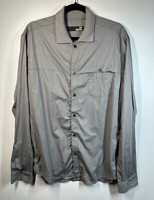 Love Moschino Shirt Men XXL Gray Cotton Emboridered Logo Button Down Long Sleeve