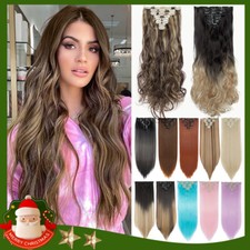 THICK 100 Real Clip In as Human Hair Extensions Weft FULL HEAD Balayage Brown