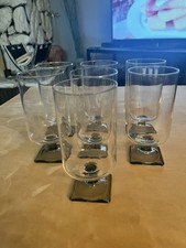 Set Of 7 Vintage Mcm Smoked Glass Pedestal Tumblers Square Base 6.75” Barware Re