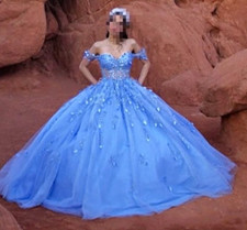 Morilee Madeline Gardner Blue Off Shoulder Tulle Ballgown Beaded Train 4