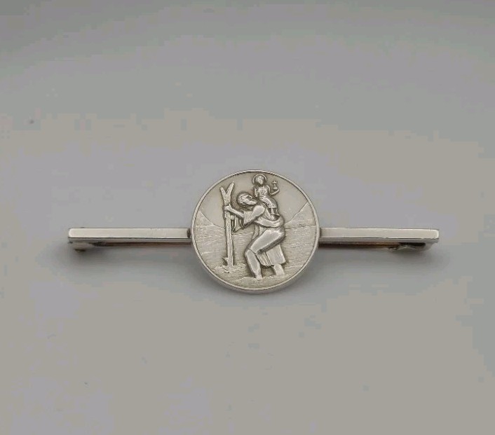 Vintage Solid Silver St Christopher Bar Brooch - image 1