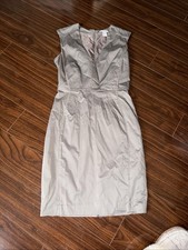 H&M Gray/Green Sateen Sheath Dress Size 6 Sleeveless Knee Length Stretch V-Neck