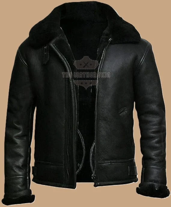 Men’s B3 Aviator Bomber Jacket Real Black Sheepskin Leather Fur Shearling Coat