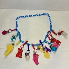 Vintage 1980's Clip On Bell Charm Necklace Charms Plastic Chains 12 Charms Blue
