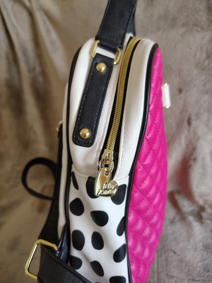 Betsey Johnson Pink Black & White Polka Dot Backpack Purse 10"X12" - Image 4 of 4
