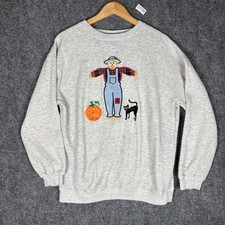 Vintage Carreau Sport Gray Halloween Sweatshirt Scarecrow Pumpkin Cat Womens M