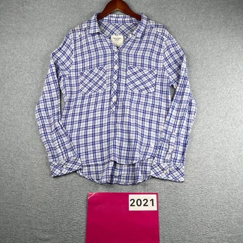 Abercrombie & Fitch Lightweight Shirt Womens XL Blue White Plaid Casual