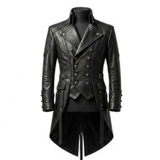 Gothic Leather Tailcoat Men Black Genuine Double Breasted Military New