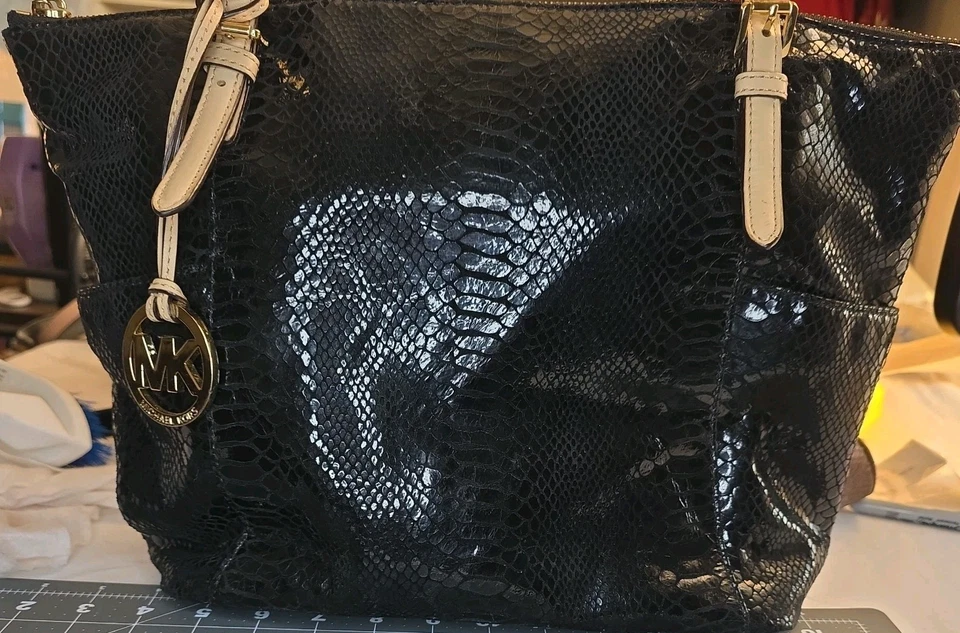 Michael Kors Shoulder Tote Bag Python Snake Embossed Zipper Black Tan Straps - Image 3 of 4